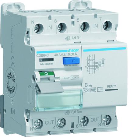 CDB640F Hager CDB RCD Switch, 40A, 4 Pole, 30mA, Type B, 230 → 400V