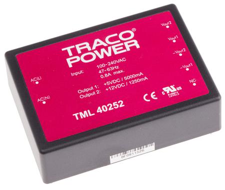 TML 40252 TRACOPOWER Switching Power Supply, , 5 V dc, 12 V dc, 1.25A, 40W, Dual Output, 100 → 375 V dc, 90