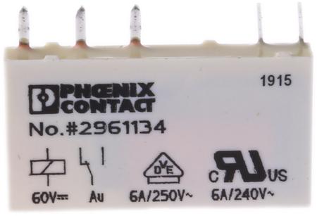 2961134 Phoenix Contact PCB Mount Power Relay, 60V dc Coil, 6A Switching Current, SPDT