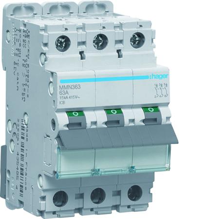 MMN363 Hager MMN MCB, 3P, 63A, 400V AC, 15 kA Breaking Capacity