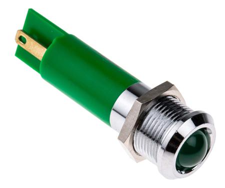 208-481 RS PRO Green Panel Mount Indicator, 24V ac/dc, 12mm Mounting Hole Size, Solder Tab Termination, IP67