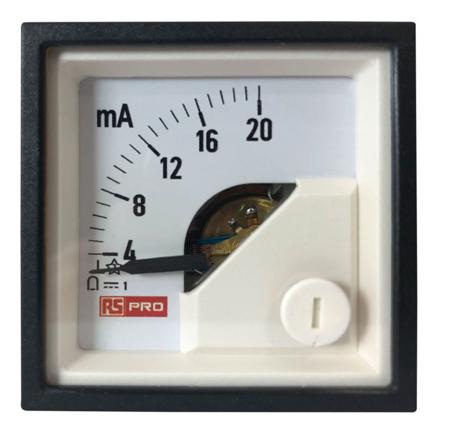 186-2476 RS PRO Analogue Panel Ammeter 20 (Input)mA DC, 45mm x 45mm, 1 % Moving Coil
