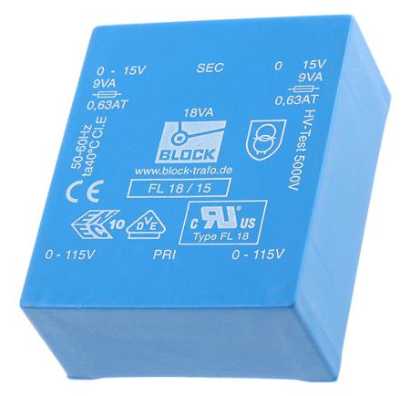 FL-18-15 15V ac 2 Output Through Hole PCB Transformer, 18VA