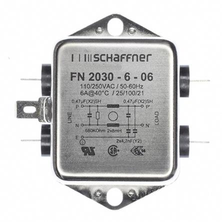 FN2030-6-06 Schaffner FN2030 Series 6A 250 V ac 400Hz Chassis Mount RFI Filter, with Tab Terminals