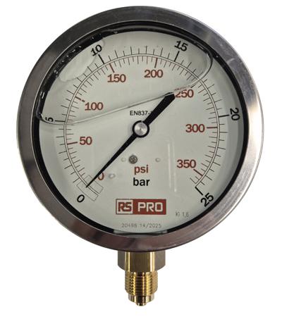 152-291 RS PRO BSP 3/8 Analogue Pressure Gauge 25bar Bottom Entry 100mm Outside Diameter