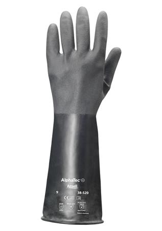 38520080 Ansell AlphaTec 38-520 Black Butyle Chemical Resistant Gloves, Size 8, Polymer Coating