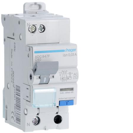 ADC847F Hager RCBO, 40A Current Rating, 1P+N Poles, 30mA Trip Sensitivity, Type AC