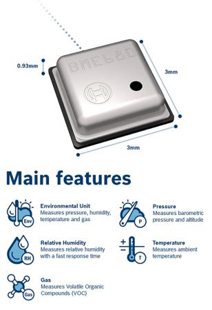BME680 Bosch Sensortec Temperature & Humidity Sensor, Digital Output, Surface Mount, I2C, SPI, ±0.6 %, ±1°C, 8 Pins