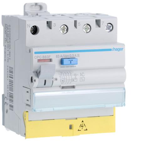 CPC863F Hager CPC RCD Switch, 63A, 4 Pole, 300mA, Type AC, 230 → 400V