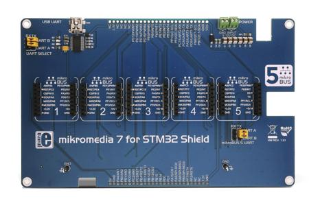 MIKROE-2812 MikroElektronika , mikromedia 7 for STM32 Shield With five mikroBUS™ sockets for STM32F4, STM32F7