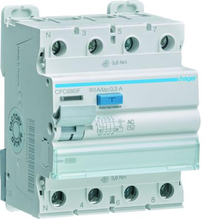 CFC680F Hager CFC RCD Switch, 80A, 4 Pole, 300mA, Type AC, 230V