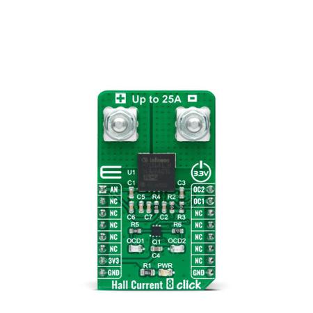 MIKROE-4632 MikroElektronika Hall Current 8 Click - 25A Magnetic Current Sensor Add On Board for TLI4971-A025T5 mikroBUS Socket