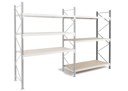 ZRRAYOSLD251880S2 Manorga RAL 7035 Light Grey 4 Shelf Chipboard, Galvanised Steel Modular Shelving Extension Bay, 2500mm x 1800mm, 800mm,
