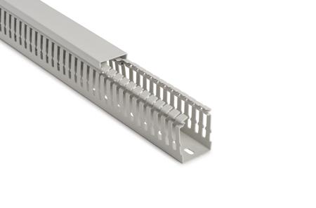 183-24040 HellermannTyton HelaDuct HTWD-HF Grey Slotted Panel Trunking - Open Slot, W40 mm x D40mm, L2m, ABS, PC