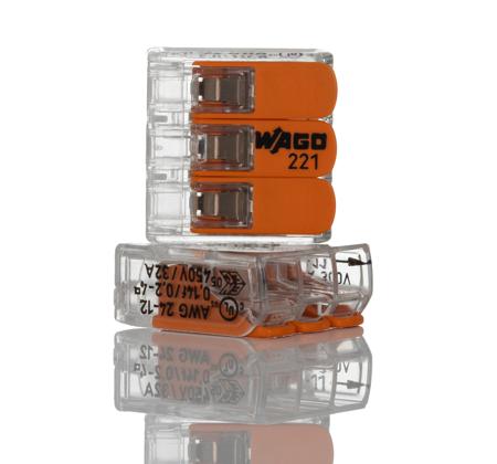 221-413 WAGO 221 Series Lever Connector, 3-Way, 32A, 24 → 12 AWG Wire, Cage Clamp Termination