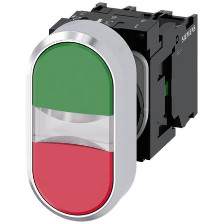 3SU1158-3AB42-1MA0 Siemens 3SU1 Series Illuminated Push Button, Momentary, Front, 29.45mm Cutout, Green, Red LED, IP66, IP67, IP69(IP69K)