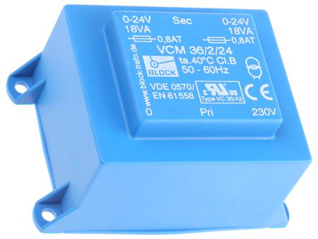 VCM 36/2/24 Block 24V ac 2 Output Through Hole PCB Transformer, 36VA