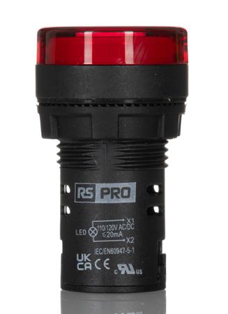 271-7488 RS PRO, Panel Mount Red LED Pilot Light, 22mm Cutout, IP65, Round, 110V ac/dc