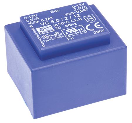 VC 5/2/12 Block 12V ac 2 Output Through Hole PCB Transformer, 5VA