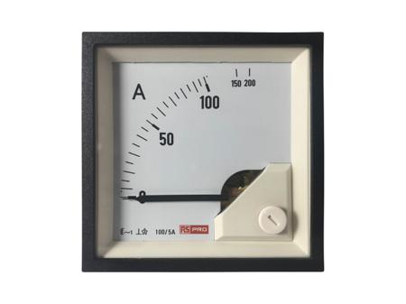 186-2444 RS PRO Analogue Panel Ammeter 10 (Input) A, 100/5 (CT) A, 200 (Scle) A AC, 68mm x 68mm, 1 % Moving Iron