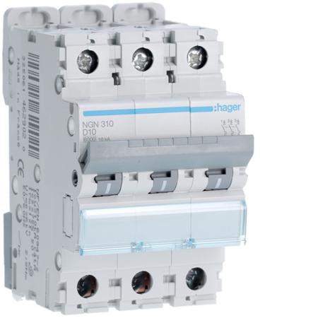 NGN310 Hager NGN MCB, 3P, 10A, 400V AC, 10 Breaking Capacity