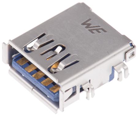692121130100 Wurth Elektronik WR-COM Series, Right Angle Through Hole, Version 3.0 Type A USB Connector, Receptacle