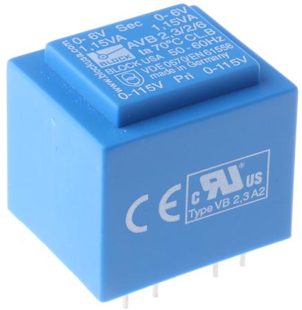 AVB2.3/2/6 Block 6V ac 2 Output Through Hole PCB Transformer, 2.3VA