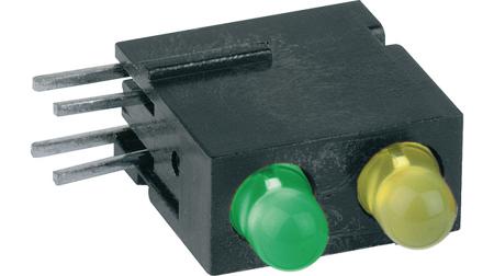 1801.2131 Mentor , Green & Yellow Right Angle PCB LED Indicator, 2 LEDs, Through Hole 2.2 V