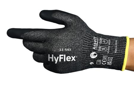 11543070 Ansell HyFlex 11-543 Black HPPE, Nylon, Spandex Abrasion Resistant, Cut Resistant Gloves, Size 7, Nitrile Coating