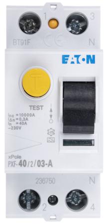 236750-PXF-40-2-03-A Eaton 1P+N, 40A RCD Switch, Trip Sensitivity 300mA, Type A, DIN Rail Mount