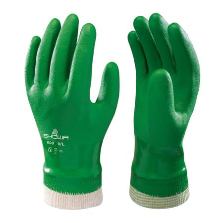 SHO6003 Showa 600 Green Cotton Abrasion Resistant, General Purpose, Waterproof Work Gloves, Size Large, PVC Coating