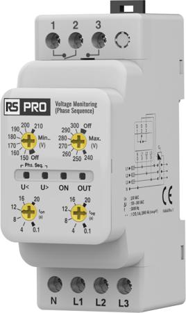 558-901 RS PRO Phase, Voltage Monitoring Relay, Three Phase, CO, 150 → 210, 240 → 300V ac, DIN Rail