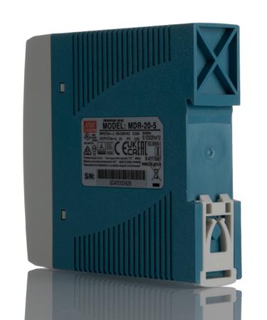 MDR-20-5 Mean Well , DIN Rail Panel Mount Power Supply, Switch Mode 20W, 5V dc/ 3A