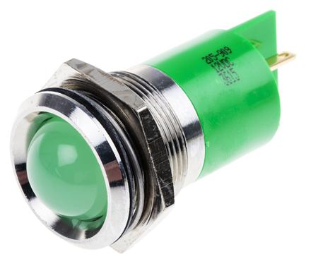 205-909 Prominent Indicator Panel Mount, 22mm Mounting Hole Size, Green LED, Solder Tab Termination, 18 mm Lamp Size, 12 V dc