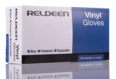 G0563 Reldeen Blue Powdered Vinyl Disposable Gloves, Size 9, Large, 100 per Pack