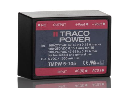 TMPW 5-105 TRACOPOWER Switching Power Supply, , 5V dc, 1mA, 5W, Dual Output, 90 → 305V ac Input Voltage