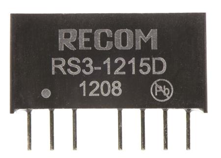 RS3-1215D Recom RS3 3W Isolated DC-DC Converter Through Hole, Vin 9 → 18 V dc, Vout ±15V dc, I/O isolation 500V ac