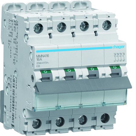 MMN416 Hager MMN MCB, 4P, 16A, 400V AC, 25 kA Breaking Capacity