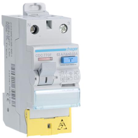 CDC770F Hager CDC RCD Switch, 63A, 2 Pole, 30mA, Type AC, 127 → 230V