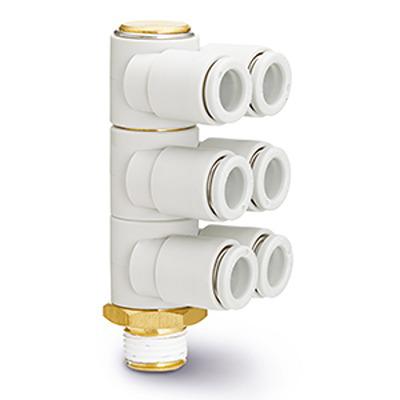 KQ2ZT08-03AS SMC KQ2 Series Triple Branch Universal Male Elbow, 8 mm to R 3/8 Male, Threaded-to-Tube Connection Style,