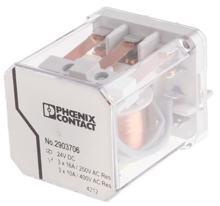2903706 Phoenix Contact PCB Mount Power Relay, 24V dc Coil, 16A Switching Current, 3P-NO