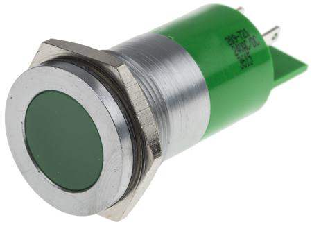 209-721 RS PRO Green Panel Mount Indicator, 24V ac/dc, 22mm Mounting Hole Size, Solder Tab Termination