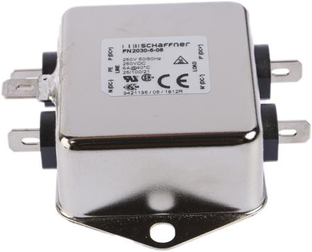 FN2030-6-06 Schaffner FN2030 Series 6A 250 V ac 400Hz Chassis Mount RFI Filter, with Tab Terminals
