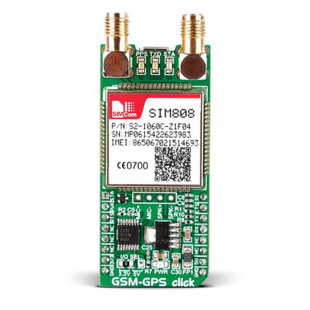 MIKROE-2382 MikroElektronika GSM-GPS Click SIM808 GLONASS (GNSS), GPS, Mobile Communication (Cellular) mikroBus Click Board for GSM
