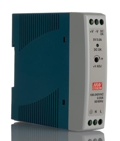 MDR-20-5 MDR DIN Rail Panel Mount Power Supply, Switch Mode 20W, 5V dc/ 3A
