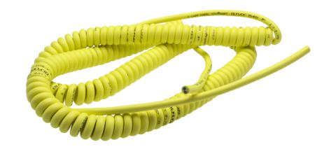 73220109 1m 2 Core Coiled Cable 0.75 mm² CSA Polyurethane PUR Sheath Yellow, 6.3mm OD