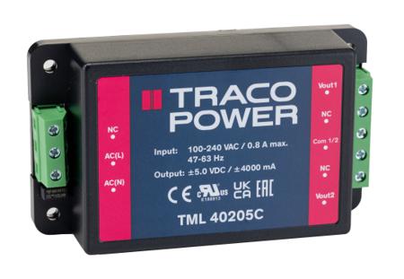 TML 40205C TRACOPOWER Switching Power Supply, , ±5V dc, 4A, 40W, Dual Output, 100 → 375 V dc, 90 → 264 V