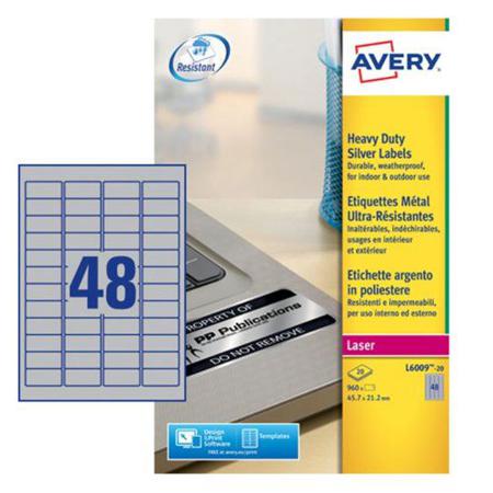 L6009-20.UK Avery Silver Adhesive High Visibility Label Sheet, Pack of 20Sheets