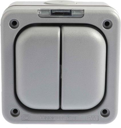 K56402GRY Grey 10 A Flush Mount Rocker Light Switch Grey 20 mm, 1 Way Screwed Matte, 2 Gang BS Standard, 250 V ac 95mm Neon IP65