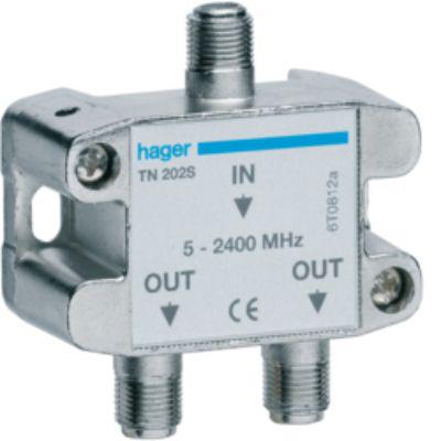 TN202S Hager Coaxial RF Splitter 1 Plug to 2 Sockets, Frequency 5 → 2400MHz